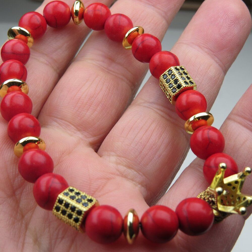 $100 Red Agate 18k plated black cz ste beaded Bracelet